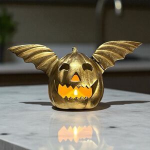 Moonlight Manor Halloween Gold Metal Jack O Lantern w. Bat Wings Tealight Holder